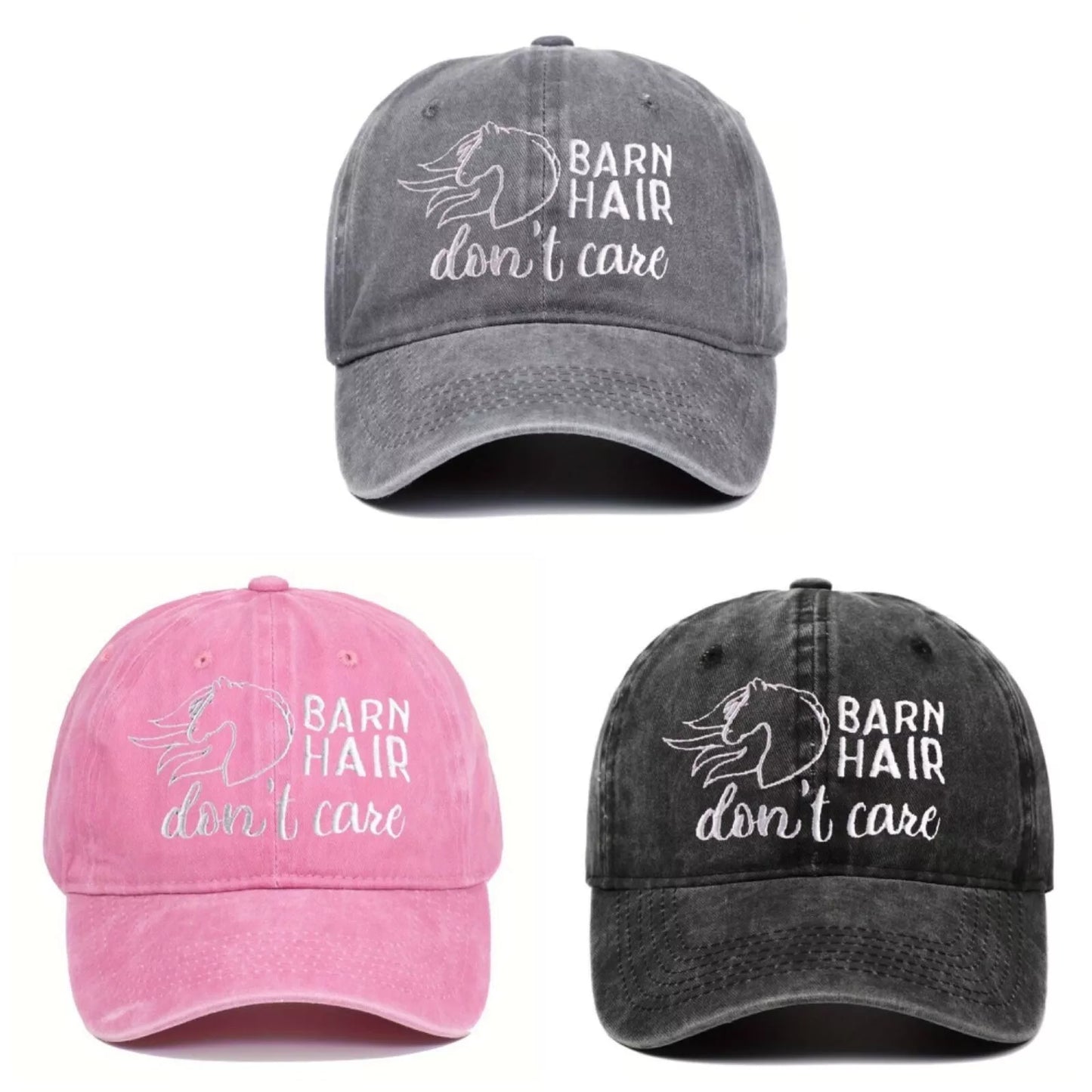 Horsey Ball Cap “Barn Hair Don't Care” Embroided Distressed Washed Ball Cap