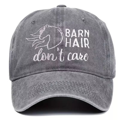 Horsey Ball Cap “Barn Hair Don't Care” Embroided Distressed Washed Ball Cap