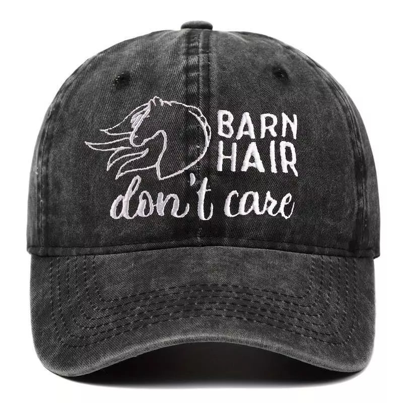 Horsey Ball Cap “Barn Hair Don't Care” Embroided Distressed Washed Ball Cap